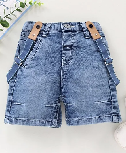 Babyhug Mid Thigh Length Denim Shorts With Suspender Washed - Blue
