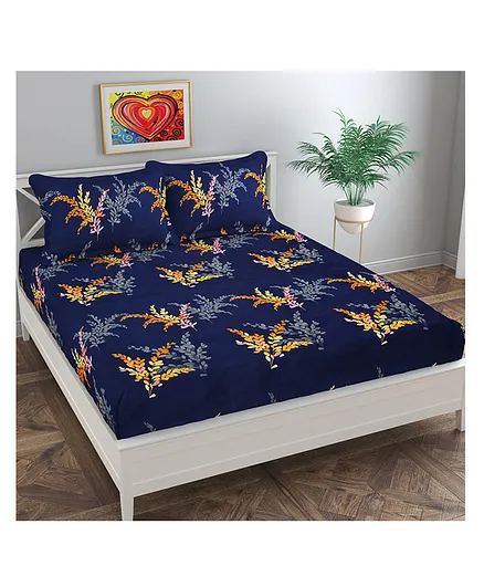Florida Polycotton Double Size Kids Bedsheet Floral Print - Navy Blue