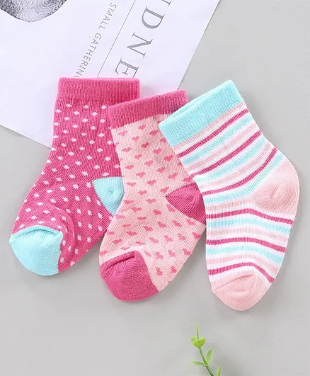 Cute Walk by Babyhug Ankle Length Antibacterial Socks Polka Dot Heart And Stripe Design Pack Of 3 - Pink Sky Blue