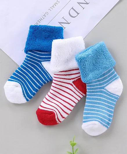 Cute Walk by Babyhug Ankle Length Antibacterial Socks Stripe Design Pack Of 3 - Blue White Red