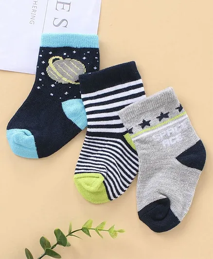 Cute Walk by Babyhug Ankle Length Antibacterial Socks Space Stripe And Star Design Pack Of 3 - Blue Grey Green