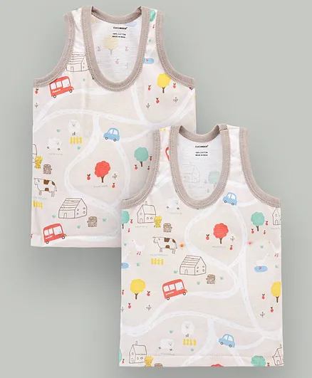 CUCUMBER Sleeveless Cotton Vests City Print Pack of 2 - Beige