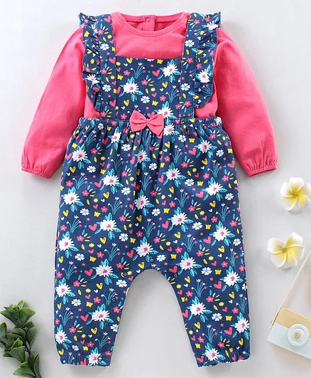 Babyhug Dungaree Style Romper With Full Sleeves Tee Floral Print - Pink Navy