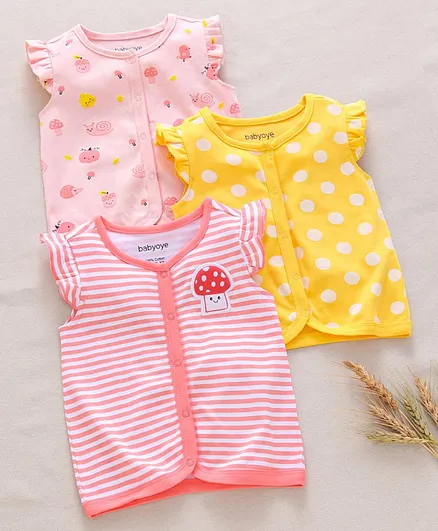 Babyoye Cap Sleeves Cotton Vests Pack of 3 - Pink Yellow