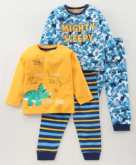 Babyhug Full Sleeves T-Shirt & Pyjama Set Multi Print - Yellow Blue