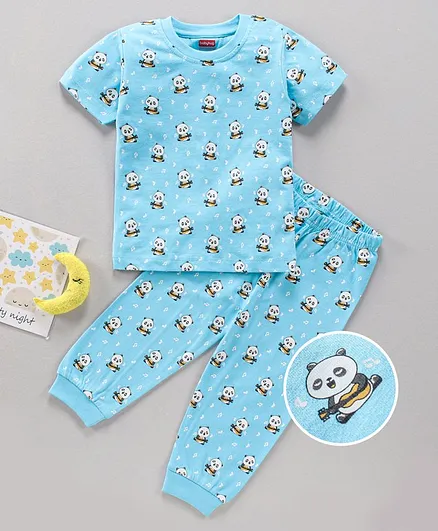 Babyhug Cap Sleeves Cotton Pyjama Set Panda Print - Blue