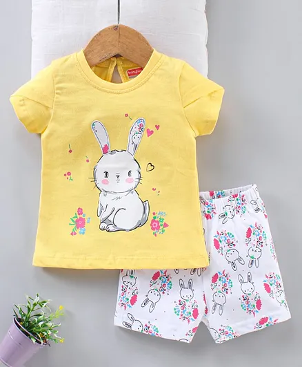 Babyhug Half Sleeves Cotton Night Suit Bunny Print - Yellow White