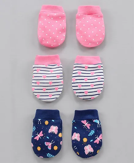 Babyhug 100% Cotton Mittens Set Printed Pack of 3 - Pink Blue