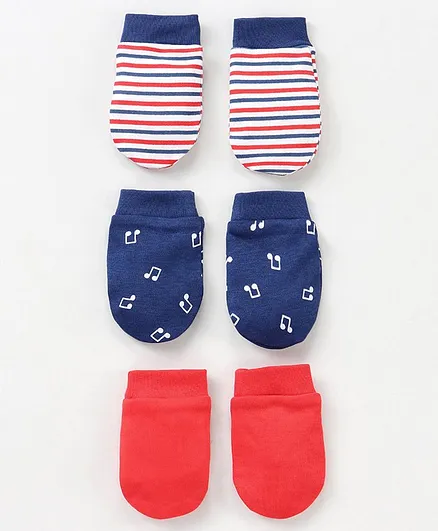 Babyhug 100 % Cotton Mittens Set Printed & Solid Pack of 3 - Red Blue