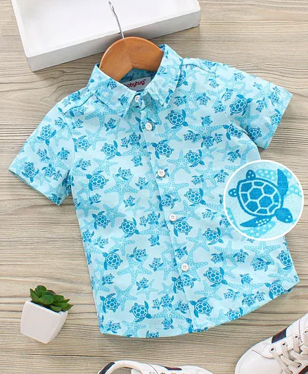 Babyhug Half Sleeves Knitted Shirt Turtle Print - Blue