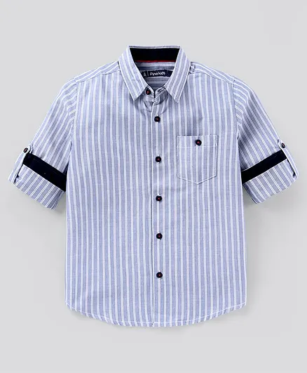 Pine Kids Full Sleeves Striped Shirt Softener Wash - Grey White