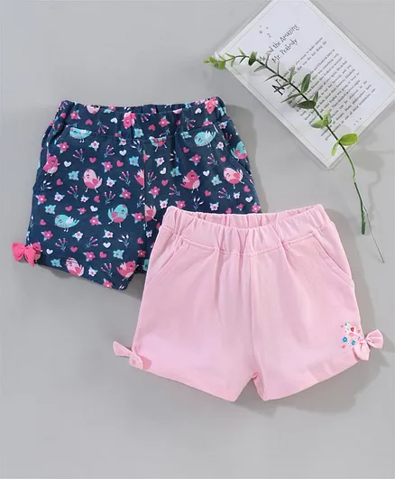 Babyhug Mid Thigh Length Shorts with Bow Birds Print Pack of 2 - Blue Pink