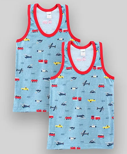 CUCUMBER Sleeveless Cotton Vests Pack of 2 Vehicles Print - Blue