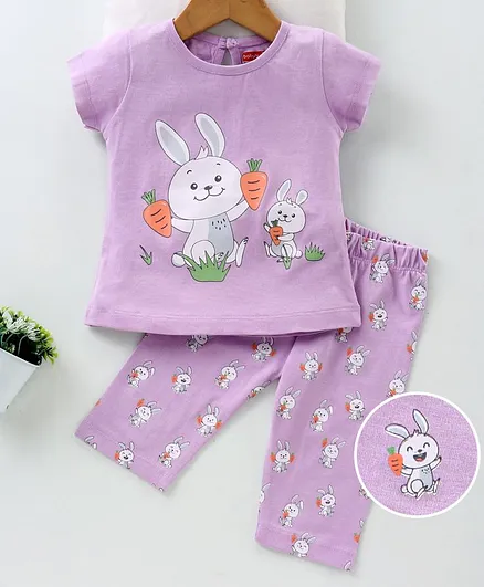 Babyhug Half Sleeves Nightwear Capri Sets Bunny Print - Purple