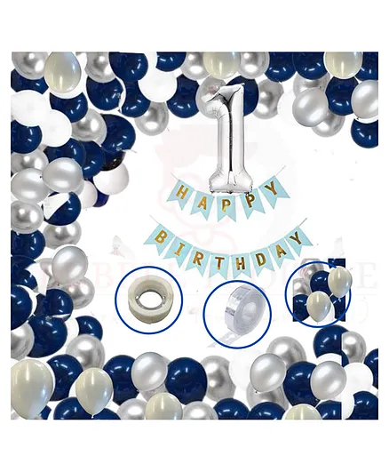 Bubble Trouble First Happy Birthday Banner Balloons Decoration Kit Combo Blue - Pack of 81