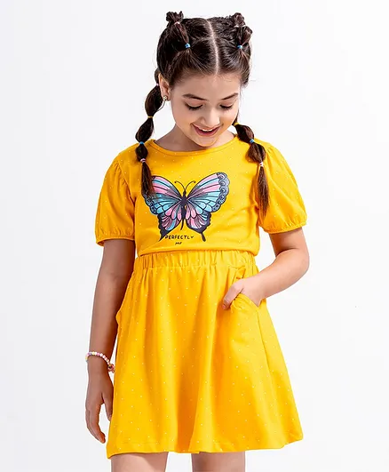 Ollington St. Half Sleeves Top and Skirt Set Butterfly Print - Mustard
