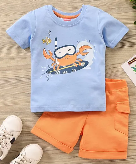 Babyhug Half Sleeves T-shirt & Shorts Set Crab Print - Blue Orange