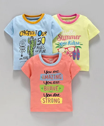 Ohms Half Sleeves Tees Text Print Pack of 3 - Blue Yellow Peach