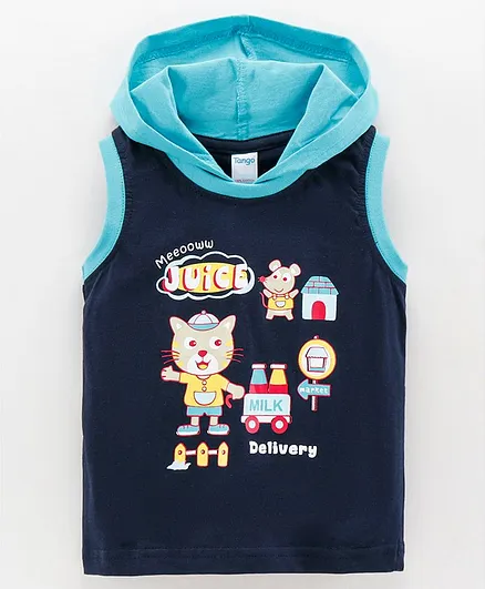 Tango Sleeveless Hooded T-Shirt Adventure Cat And Mouse Print - Blue