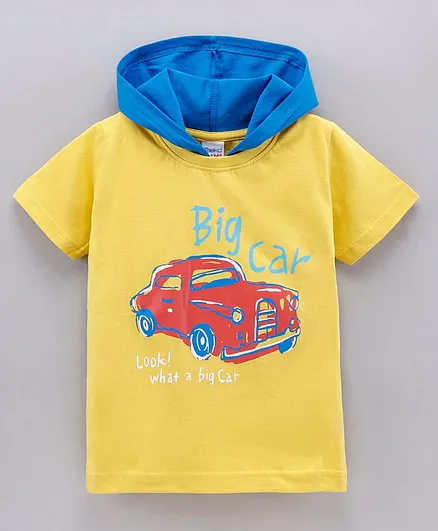 Taeko Half Sleeves Hooded T-Shirt Big Car Print - Yellow