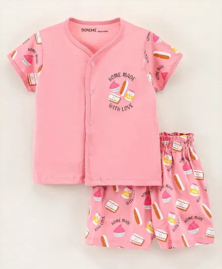 Doreme Shorts Sets Half Sleeves Tee & Shorts Set Food Print - Blossom Pink