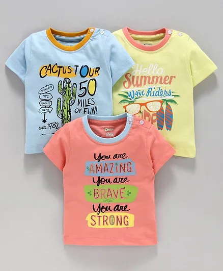 Ohms Half Sleeves Tees Text Print Pack of 3 - Yellow Peach Blue