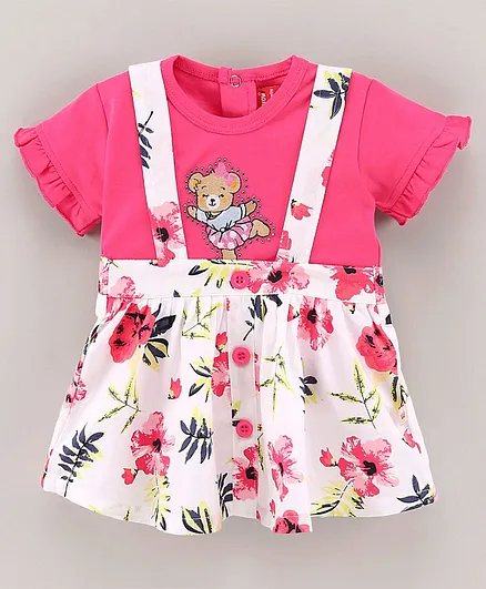 WOW Clothes Half Sleeves Top & Skirt With Suspenders Flower Print - Pink