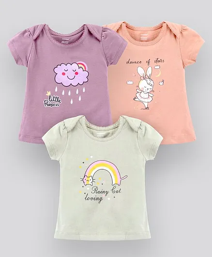 CUCUMBER Half Sleeves Tops Cloud Bunny And Rainbow Print Pack of 3 - Multicolour 