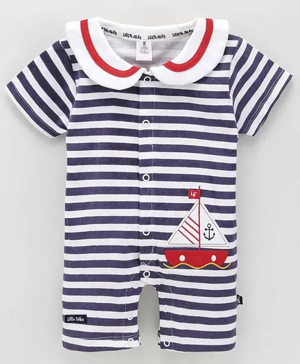 Little Folks Half Sleeves Romper With Boat Embroidery - Multicolor