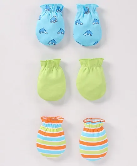 Babyhug 100% Cotton Mittens Set Printed & Solid Pack of 3 - Blue Green