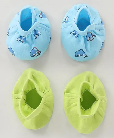Babyhug 100% Cotton Booties Solid Dolphin Print Pack of 2 - Blue Green