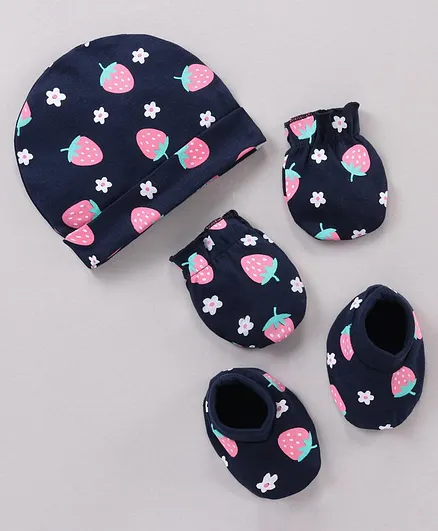 Babyhug 100% Cotton Cap Mittens & Booties Set Strawberry Print - Navy Blue