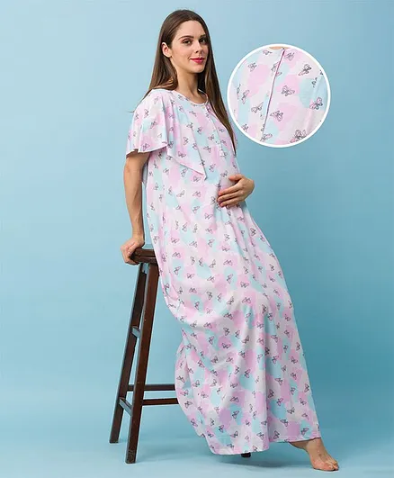 Bella Mama Half Sleeves Maternity Nighty Butterfly Print - Light Pink
