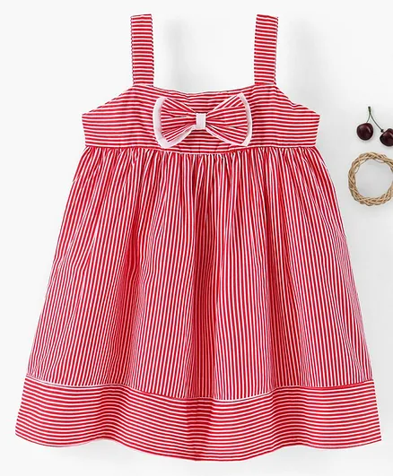 Babyhug Singlet Sleeves Striped Frock With Bow Applique - Red