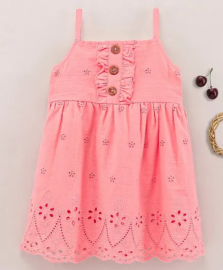 Babyhug 100% Cotton Woven Singlet Frock Schiffley Embroidery - Pink