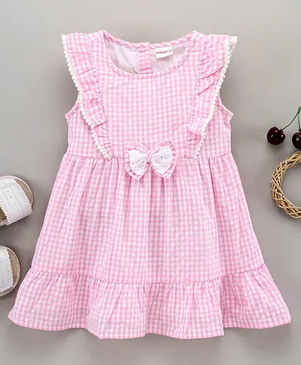 Babyhug 100 % Cotton Sleeveless Frock With Bow Applique Checks Print- Pink