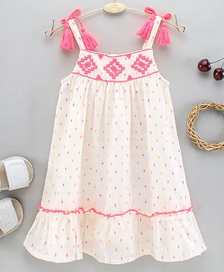 Babyhug 100% Cotton Contrast Jacquard Butta Singlet Embroidered Frock - White Pink