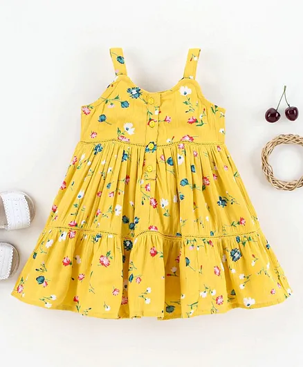 Babyhug Sleeveless Knee Length 100% Cotton One Piece Fit And Flare Frock Floral Print - Yellow