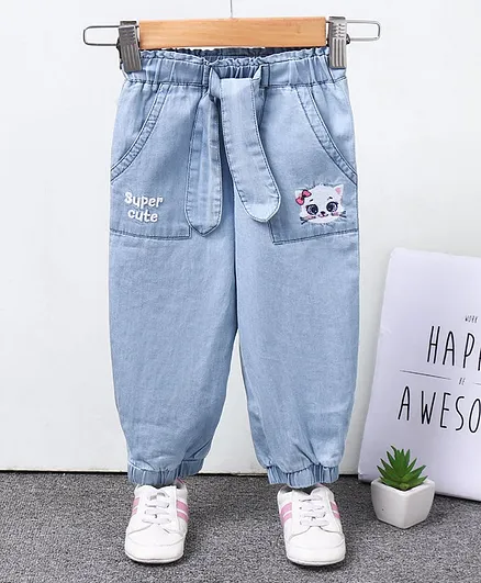 Babyhug Full Length Washed Jeans with Belt Tie Up Kitty Embroidery - Light Blue