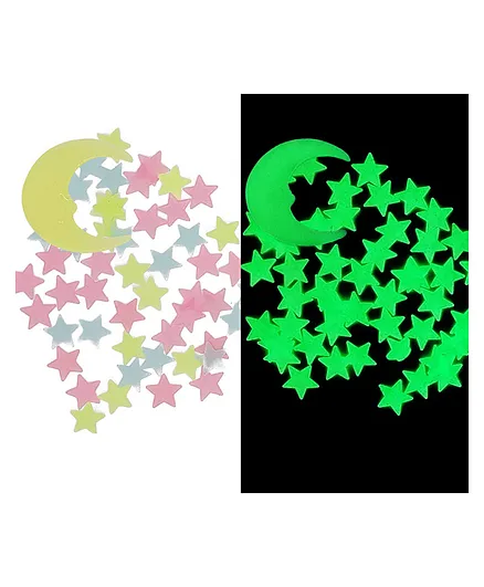 COMERCIO Glow in The Dark Moon And Star Shaped Fluorescent Radium Stickers - Multicolour