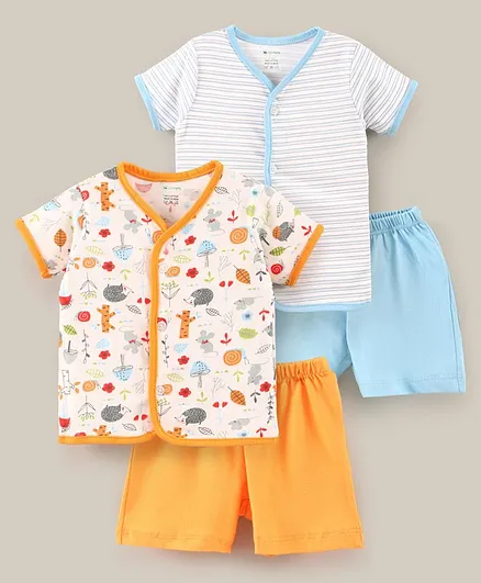 OHMS Half Sleeves Printed Shirt with Shorts Sets Pack of 2 - Blue Orange White
