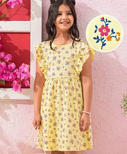 Hola Bonita Ruffle Sleeves Frock Floral Print - Yellow