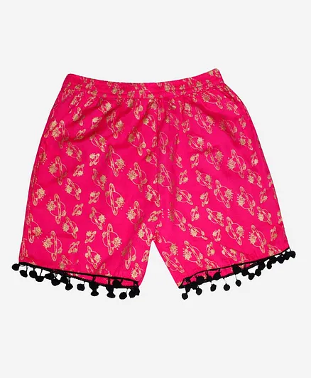 Kiddopanti Planet Printed Pom Pom Shorts - Pink