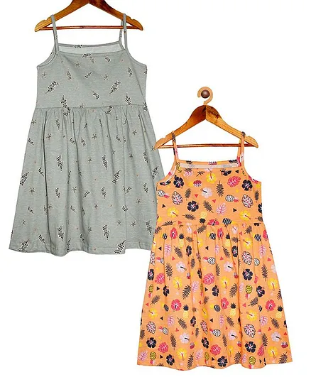 Kiddopanti Pack Of 2 Sleeveless Thunder & Floral Print Strap Dresses - Grey & Peach