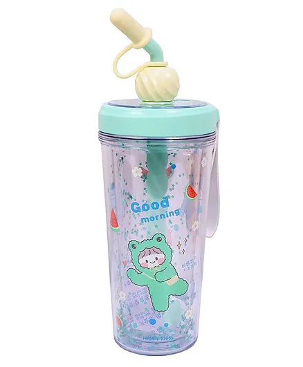 Toyshine Reusable Glitter Tumbler Sipper Cup With Lid and Straw Green - 400 ml