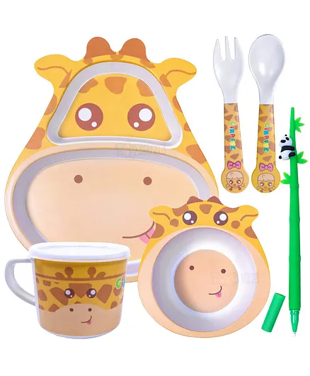 Toyshine Bamboo Giraffe Shaped Mealtime Dinnerware Pack of 5 - Yellow Brown