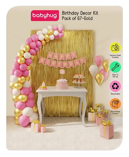 Babyhug Birthday Decor Kit Golden and Pink - Pack of 67