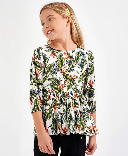 Primo Gino Half Sleeves Top Leaves Print- Multicolour