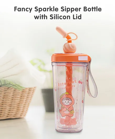 Fancy Sparkle Sipper Bottle With Silicon Lid Orange- 400 ml