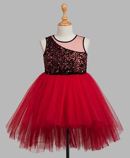 Toy Balloon Sleeveless Sequin Embellished High Low Party Dress - Red